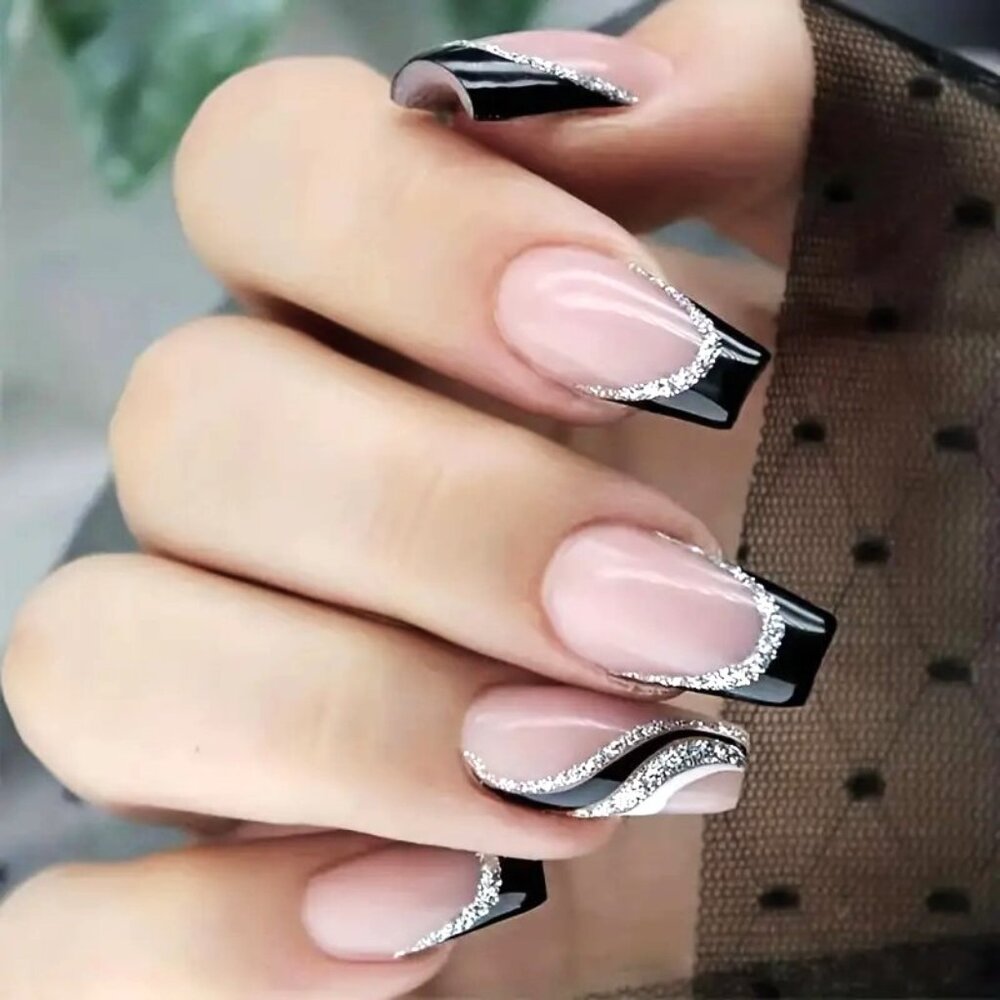 Nails Black Silver Glitter Tip 24 Fake Press On Glossy Swirls Glam Reusable Sexy